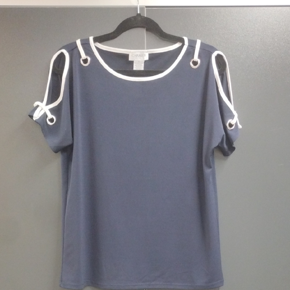Carmen Marc Valvo Navy Blouse with White Trim